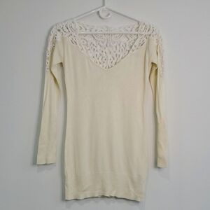 Y2K Lady Dutch Cream with Lace back & shoulder detail long knit sweater size XS